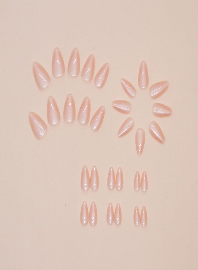 LRKNNO Almond Press on Nails Short Fake Nails Nude Glue on Nails with Designs Glossy Chrome False Nails French Almond Shaped Artificial Nails Reusable Stick on Nails for Women and Girls 24pcs - Image 3